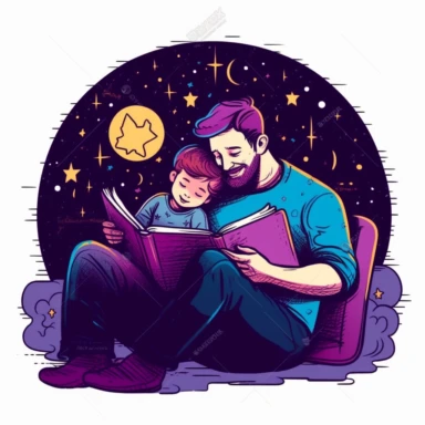 clipart father reading a book to child, bed time, magic moment, cute, vivid colors, white background, contour, stroke