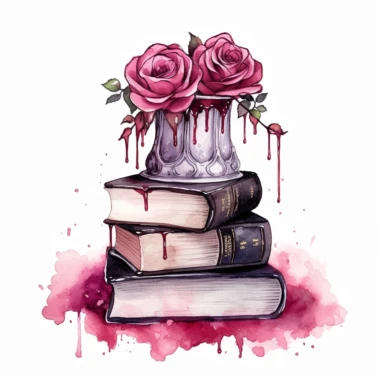 Gothic style books with watercolor effect, suitable for digital clipart, white background, gothic pink scene, gothic colors, gothic tools, gothic roses, dark scene, twinkles