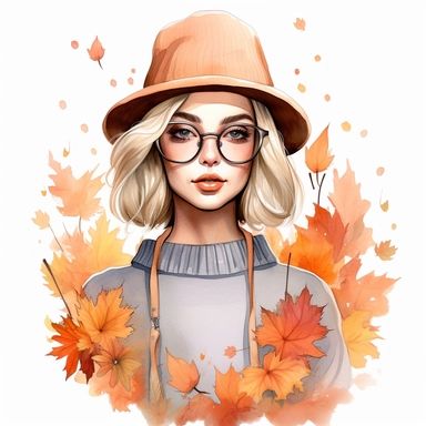 Just a Girl Who Loves Fall , style by Lucy Fleming, watercolor, smooth gradients, black contour outline, ultra detailed, clipart elements, delicate pastel colors, solid white background, super clear, high quality