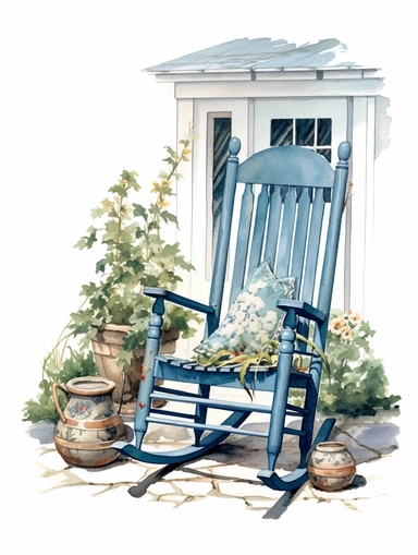 beautifully carved,vintage, country, extreme detail, sharp focus,rocking chair, beautifully carved , that has been painted a lovely shade of blue, watercolor, in the garden with flower pots next to it on the ground, arm rests and on white background, clip art