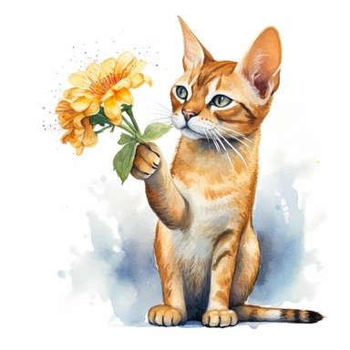 Chausie Cat holding flower, watercolor, sharp illustration clipart, insane detail, white background