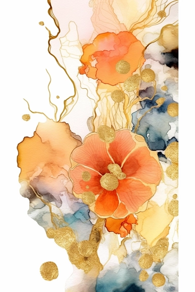 beautiful gorgeous alcohol ink of gold serene nature scene with a central focus on a coral reef, gentle wave , minimalist style, crystals, glam, glossy, glitter texture, liquid ink clipart, modern and stylish design, bright colors, 300 dpi, clear decoration, clear white background, highly detailed digital art, 8k