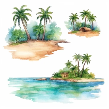 Tropical island beach clipart set isolated on white, watercolor, - - no photograph