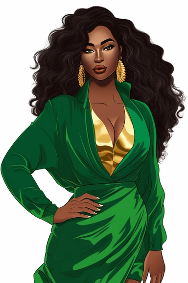Cartoon Black Skin African American Clipart Plus size Beautiful Rich Woman Wearing green suit wearing gold jewelry having beautiful face long eyelashes and beautiful lips beautiful long hair confident confident wearing high heels