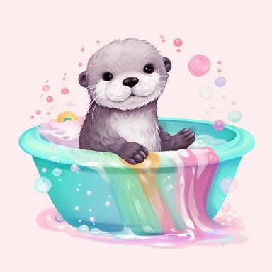 Otter with color black and white in tub PNG, otter candy floss colorful pastel Clipart, Kawaii otter