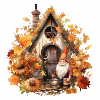 Watercolor, Gnomes Cutie, Cottage Garden Shed autumn Flower, clipart, on a white background.