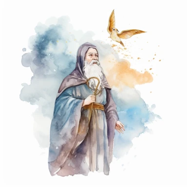 medieval bearded merlin magician looking up toward the sky creating a storm in the sky with bright energy around him watercolor clipart no fonts no words no letters