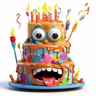 clipart of a messy two layer birthday cake, there is a funny face in the cake, candles, cartoon, for kids, funny, pixar, 8k, white background, sharp focus, detailed,