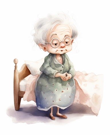 cute little granny dressed for bed, watercolor clipart, minimalist, isolated white background, cute, 8k, spacing, full body,