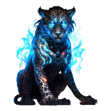 a glowing tribal leopard with blue lights on his eyes, tribal animals, in the style of manhwa character design, master of shadows, burned/charred, himalayan art, dark black and light azure, 2d game art, quadratura, clipart, on white blackground