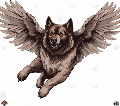 A flying Caucasian dog with wide wings spread out and 'TK' hanging tag logo design on its neck, vector clip art illustration free download, majestic appearance, grim realism style, Fang Lijun, cartoon realism, dark white and brown , uhd images, murals and frescoes, engraved lines