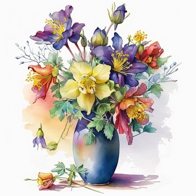Vase of colorado columbine flowers Clipart vibrant and colourful watercolour, without watermark