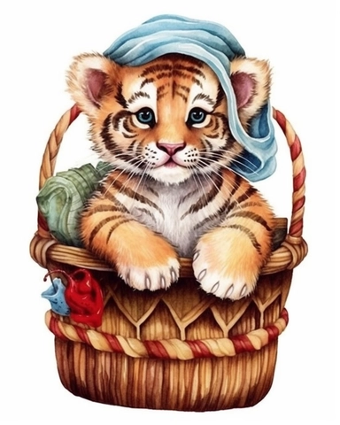 detailed watercolor Baby tiger on a basket with cap , hyper realistic, isolated on a white background, clipart