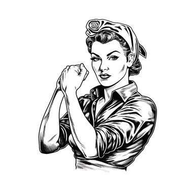 Rosie the Riveter, black and white clipart, perfect fist, no watermarks, vector quality, blank white background, highly detailed