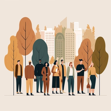 minimal clipart cartoon of a diverse group of people in a city park