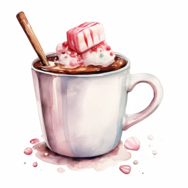 a watercolor nursery Christmas Sweets illustration clipart, a Hot Chocolate, clean background, white background, isolated on white