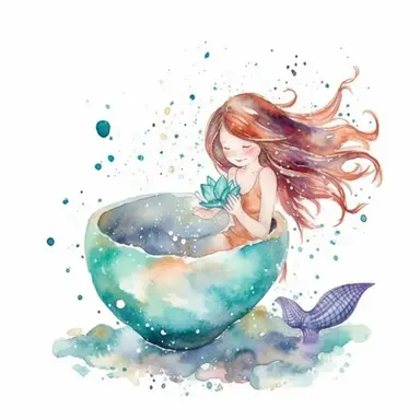 watercolor clipart of a cute little mermaid pouring water from a shell bowl, vibrant pastel colors with seablue and turquoise, stars, magical, mystical, high quality watercolor image on white background