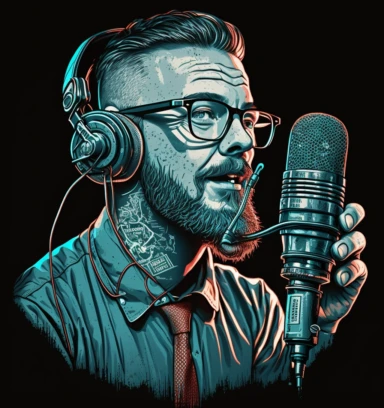 a clipart image of a person with glasses and a tattoo holding microphones, in the style of cryptidcore, wealthy portraiture, noah bradley, animated gifs, stockphoto, johfra bosschart, slawomir maniak