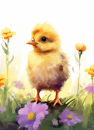 baby chick on a flower field, in the style of 2d game art, nostalgic paintings, 32k uhd, colorful dreamy watercolor scenes, adventure pulp, classical, historical genre scenes, rough-edged 2d animation, watercolor clipart, white background