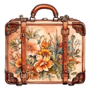 Leather brown retro bag , floral, james christensen style,illustration Watercolor hand painted vintage suitcase design. Travel concept clipart,white background with margins , white background for removing background - - no text shadow font watermark