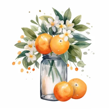 Create a watercolor oranges clipart with glass nd bouquets