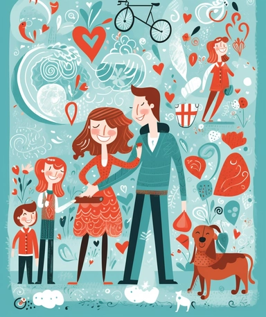 happy family cartoon clipart illustration, in the style of hand-drawn elements, light teal and light red, romantic emotion, playful experimentation, love and romance, strip painting, multiple patterns