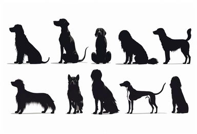 black dog silhouettes cliparts on white background, in the style of françoise basset, mary beale, animated gifs, petcore, boris kustodiev