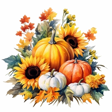 hyperrealism painting, variety flowers , pumpkin floral bouquet , white background, watercolor style, farmhouse chic, tempera clipart