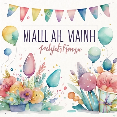 watercolor Birthday banner, set of 2 cliparts, playful arrangement, beautiful colors, cartoonish style, paul wonner