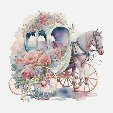 beautiful watercolour pastel fairy flower beautiful detailed wedding horse drawn carriage, wedding carriage , horse and cart, Clipart style, transparent background