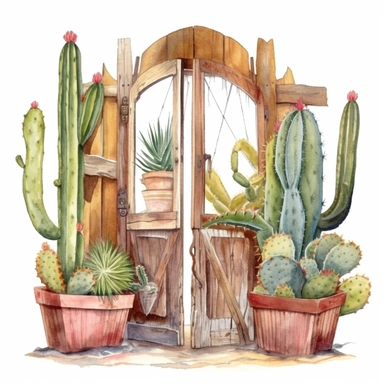 old country Western swinging saloon doors, surrounded by cactus, watercolor, clipart, white background