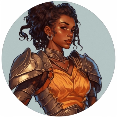 A Dungeons & Dragons character portrait circular tondo depicting a dark-skinned desert onsen female knight, Craig Mullins Ashley Wood Bernard Buffet Josh Kirby, Mad Max Lord of the Rings Discworld, handpainted punk zine indie retrowave, clipart illustration, circular solid background circular border