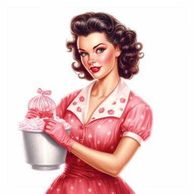 beautiful pretty pin up woman, makeup and hair 50's style, diferent cleaning poses,maid dressed, home stuff in her hands, and a lace on her hair, all in 50's style, paint art style, detail, clipart, white background, superrealistic, one of a kind