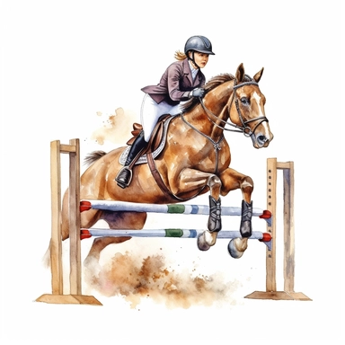 Takes horse jump lessons, highly detailed, watercolor, clipart, illustration, white background, digital painting, paper crafting, no signature, no text