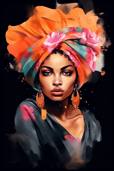 Portrait afro girl woman wears bandana for curly hairstyles. melanin skin. Shenbolen Ankara Headwrap Women. Afro Traditional Headtie Scarf Turban in tribal zebra fabric design texture watercolor clipart. pink indigo and orange. gold details on black background watercolor texture. white flowers.