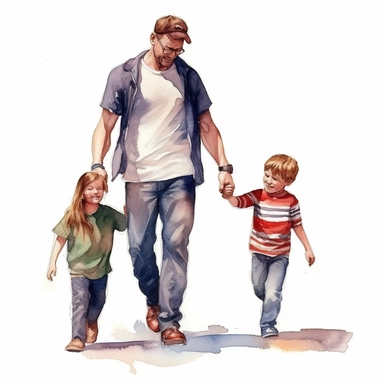 Watercolor Clipart, a man holding hands with two children, watercolor cartoon, white background, computer art, digital illustration, detailed painting, realistic, high quality