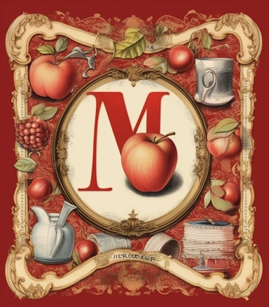 apple clipart letter m, in the style of muted tones, surrealism, detailed background elements, pictorial fabrics, red and beige, kitchen still life, surrealism-inspired, артур скижали-вейс