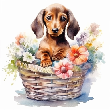 clipart watercolor, very cute Dachshund puppy, sitting in a basket with flowers, full body, childlike, free brushwork, white background, high solution