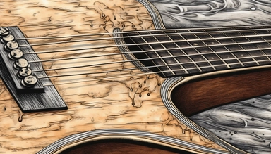 ultra sharp clip art illustration of an classic guitar, extreme closeup, rainy waters, black scaled and realistic drawing with ink and charcoal, HD, UHD resolution, 8k