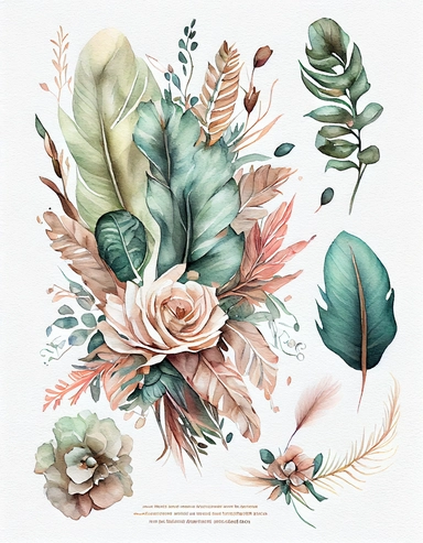 extremely detailed watercolor artwork, intricate and detailed watercolor boho flower bouquet and leaves and feathers arrangement clipart, realism watercolor style, watercolor clipart, subtle watercolor tones, teal, light green, light peach and earth tones, masterpiece artwork, neo-romanticism, excellent depth of shading, plain white background for editing, large canvas artwork, excellent plain white background