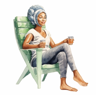watercolor clipart of latina african american woman sitting with clay face mask on, sitting in a spa chair, hyperrealistic, white background
