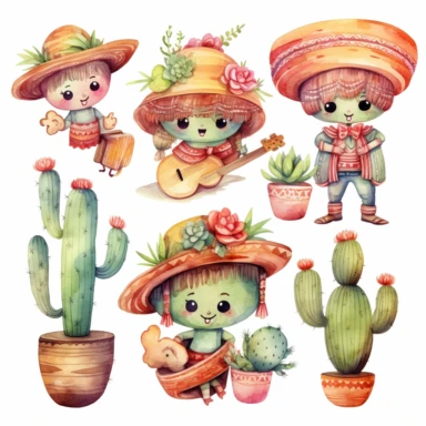 Watercolor cinco de mayo elements , illustrations clipart set, simple, soft colors, cartoon elements, different variants, mexican hat, sugar skulls, squishmallow, rose, little boy, separate elements with a margin