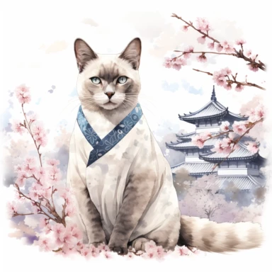 near Osaka Castle, Siamese Cat joyful wearing a Japanese kimono, watches the cherry blossoms bloom. Clipart Watercolor By Yuzo Komori. clean line, white background, space around. Bottom view