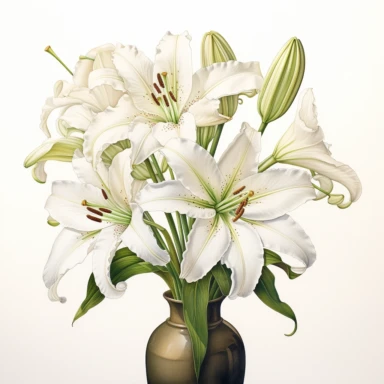 A highly detailed watercolor and pencil drawing of a clipart of white Lily gracefully showcased in a vase on a isolated white background,, The flower is meticulously rendered, capturing the intricate details of its petals, stamen, and sepals. The combination of watercolor and pencil techniques adds depth and dimension to the drawing, with the watercolor providing soft washes of color and the pencil adding fine lines and delicate shading. The drawing highlights the flower's elegant structure,emph