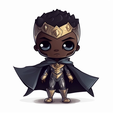 zeeb labs art style boy, super hero, tiny chibi body with diamond suit, dark skin tone, crown, Mask, smerk, super long cape, clipart, sticker, no background, hd