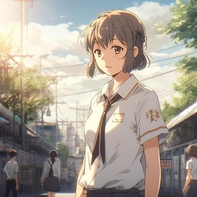 Makoto Shinkai A female student wearing a white short-sleeved school uniform with a fluffy bun hairstyle and a diagonal fringe held back by a white clip, exuding a trendy style under the sunshine