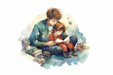 A colorful watercolour cuteA dad reading a bedtime story to his child top view, ink, Ghibli style, 8k, Leyka 35mm very detail clipart on white background space out 8k