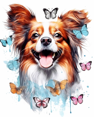 detailed watercolor Papillon dog smiling , hyper realistic, isolated on a white background, clipart