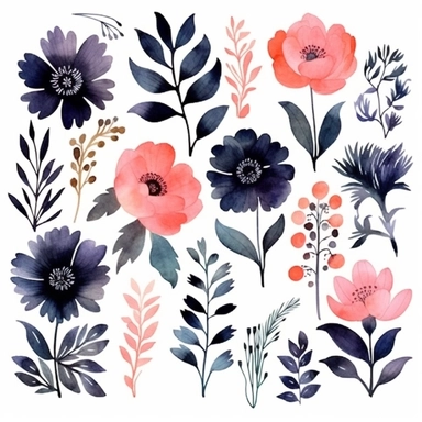 watercolor, handpainted black boho floral clipart, transparent background, spaced out--ar 3:2