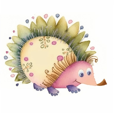 1 beautiful brown whimsical hedgehog, hedgepig, Erinaceus, with a back full of spikes, doodled by a child, simplistic, folk art, cartoony, watercolor texture, soft brush strokes, clipart on white background, high resolution, free margins
